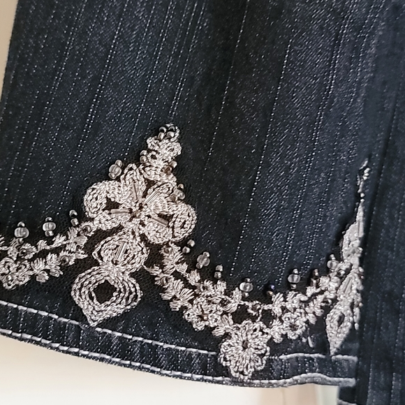 Denim Blazer Jean Jacket w/ Silver Embroidered Detail Size 10 - Picture 3 of 5